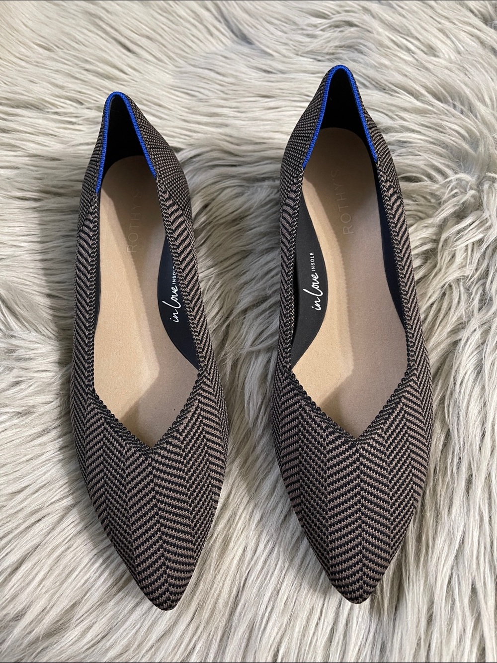 Rothy's Pointed Toe Flats in Brown Herringbone with Blue Trim - Picture 2 of 6